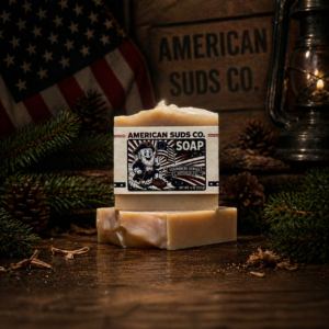 American Suds Co. handcrafted cold processed soap bar with mountain top design, tan color, and a fresh clean scent.