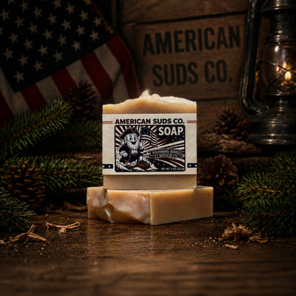 American Suds Co. handcrafted cold processed soap bar with mountain top design, tan color, and a fresh clean scent.