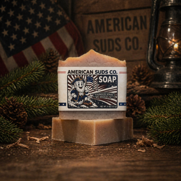 American Suds Co. handcrafted cold processed soap bar with oat powder, rigid mountain top design, and a masculine, sweet, woodsy, smell.