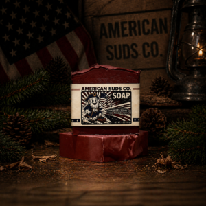 American Suds Co. handcrafted cold processed soap bar with mountain top design, red color, and a masculine, cologne scent.