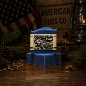 American Suds Co. handcrafted cold processed soap bar with mountain top design, blue color, and a masculine smoky scent.