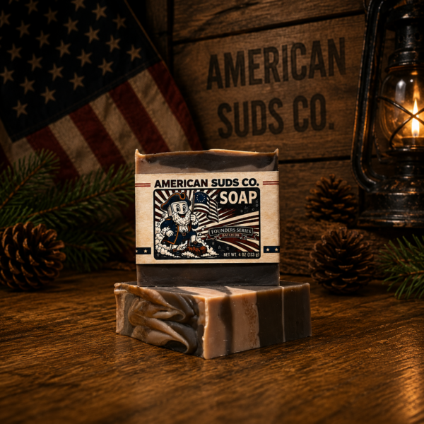 American Suds Co. handcrafted cold processed soap bar with swirly flat top, tan and espresso layered colors, and a vanilla, mocha, espresso scent.