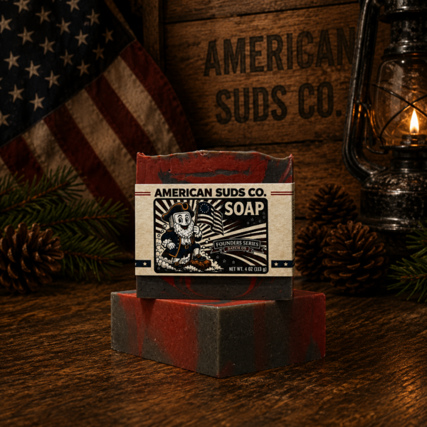 American Suds Co. handcrafted cold processed soap bar with swirly flat top, walnut shells for heavy grit, a red and activated charcoal swirl, and a sweet amber rosewood scent.