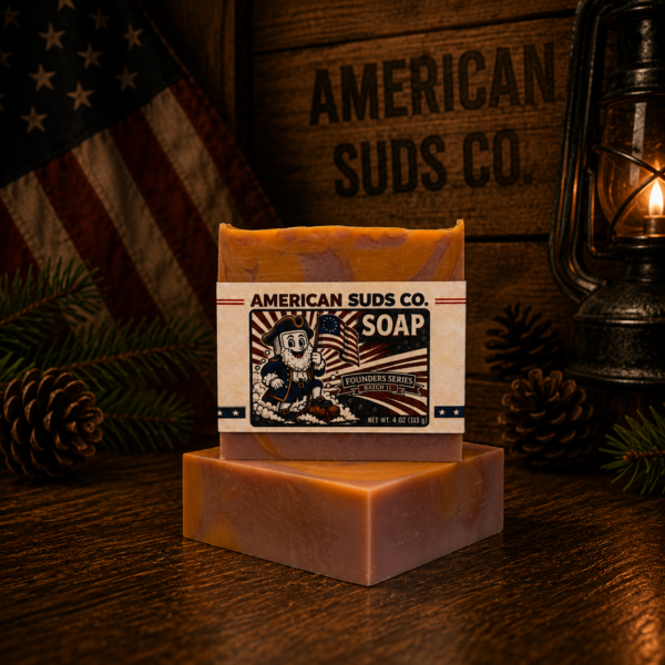 American Suds Co. handcrafted cold processed soap bar with swirly flat top, orange and rose clay colored swirl, a sweet crisp apple, peach and jasmine scent with very light jojoba bead grit.