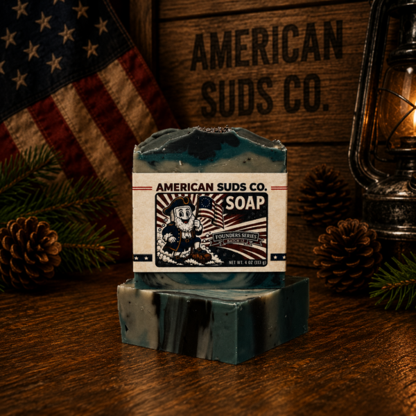 American Suds Co. handcrafted cold processed soap bar with mountain top, poppy seeds for a medium grit, sea clay, activated charcoal, and hunter green colored swirl and a masculine, old leather, tobacco pipe scent.